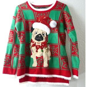 UGLY CHRISTMAS SWEATER PUG DOG JINGLE BELLS 33 DEGREES WOMEN'S PLAID  SIZE S